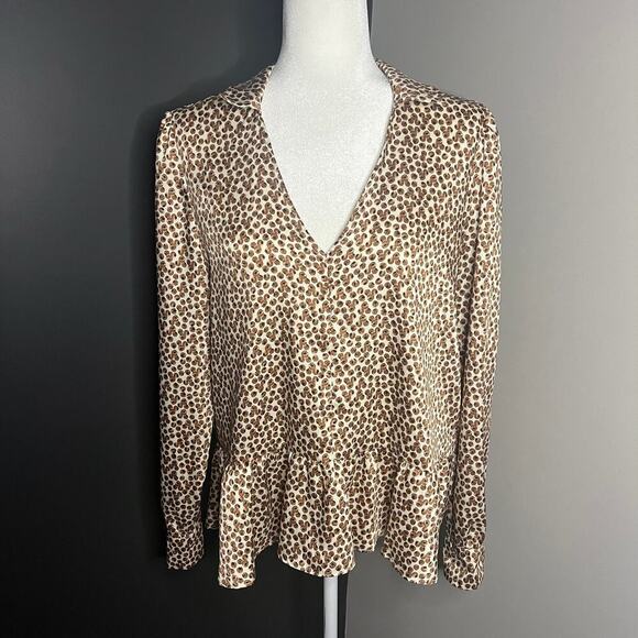 Elle by Marella Tops - NWT Emme Marella Woman’s Brown White Print Long Sleeve V Neck Blouse- Size 46/10